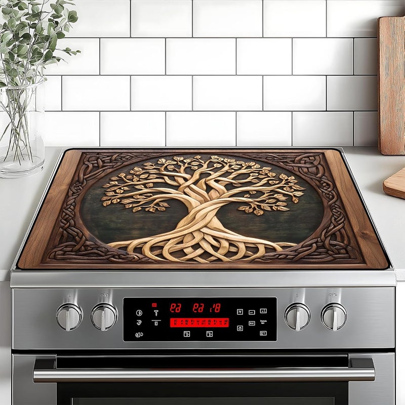 BVBOX Tree of Life Stove Top Cover Retro Flower Gas Stove Top Cover for Home Decoration Kitchen Pad Non-Stick Washable Cooktop Covers Countertop Protector Keep Stove Clean 28"x20" - Image 1
